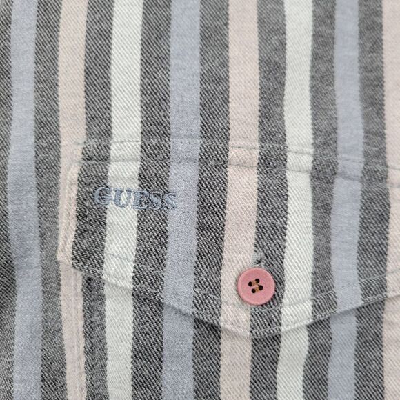 Guess Vintage 90s Men's Gray Striped Butyon Up Shirt Western Grunge Neutral - Picture 4 of 10